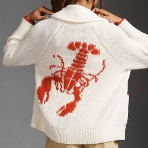 Anthropologie Rare Lobster Knit Cardigan Button Sweater Boho Cream & Red XS